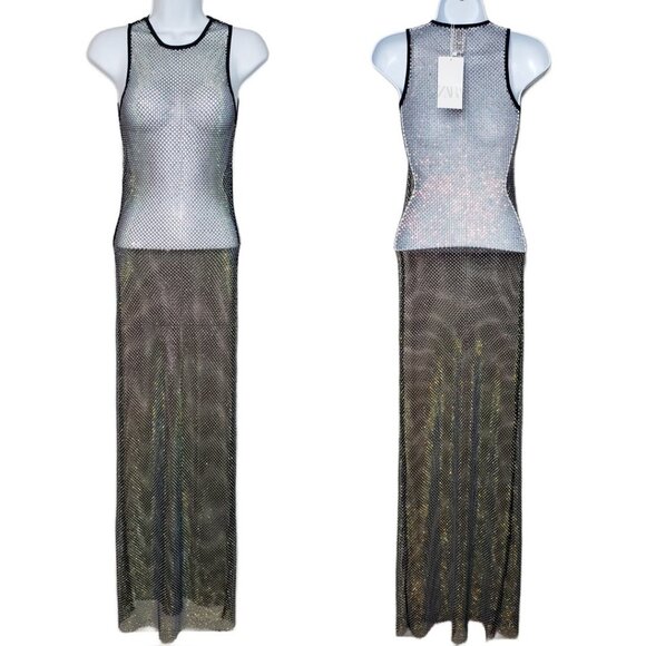 NWT ZARA Sz S Bejeweled Sparkly Mesh Maxi Dress/ Swim Cover, Black (1337) - Picture 1 of 5